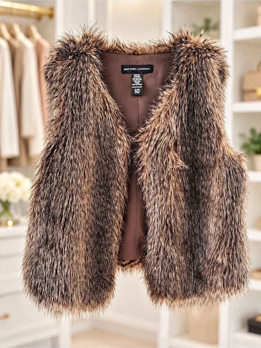 New York & Company Faux Fur Vest Brown Size Medium New to You